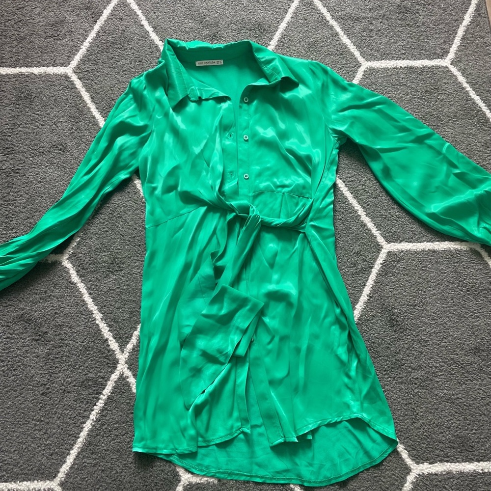 Bright green satin button down dress with waist tie